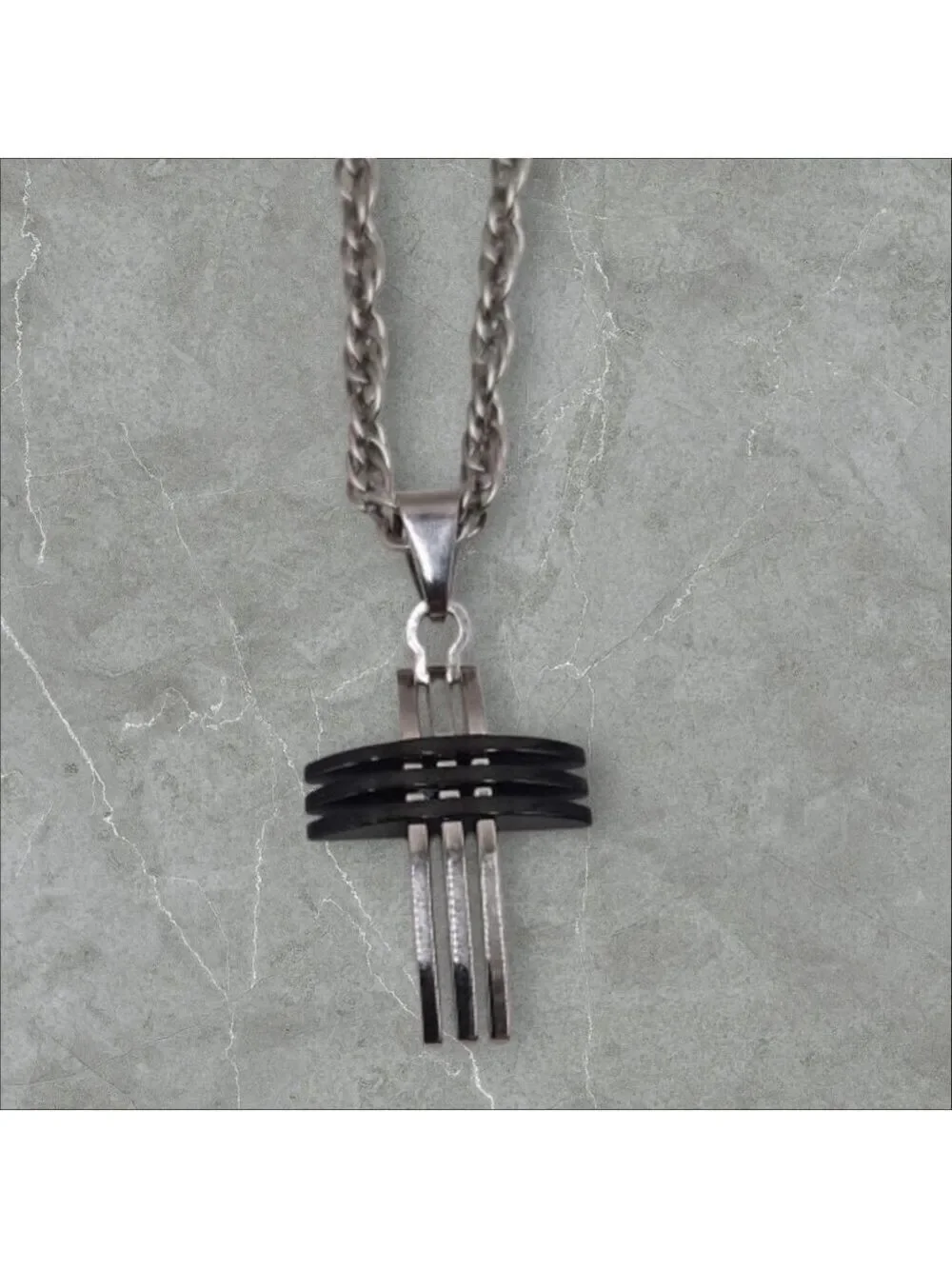 Chrome & Black Enameled Cross Necklace